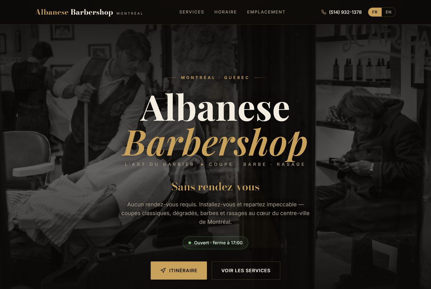 Page d'accueil du site Albanese Barbershop, photo noir et blanc et lettrage doré