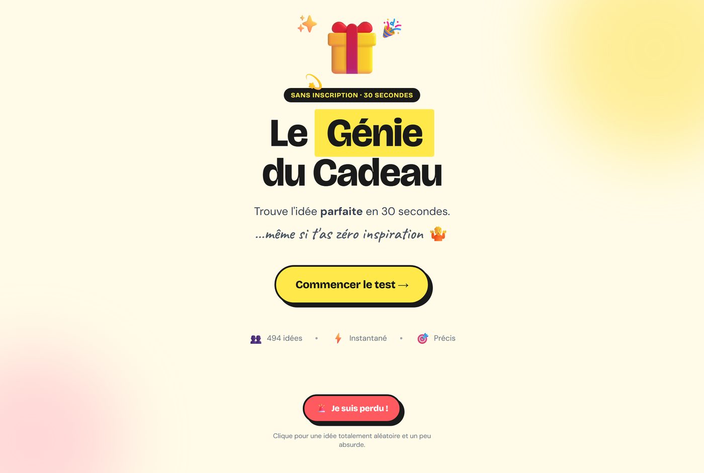 Page d'accueil du Génie du Cadeau, fond crème et jaune