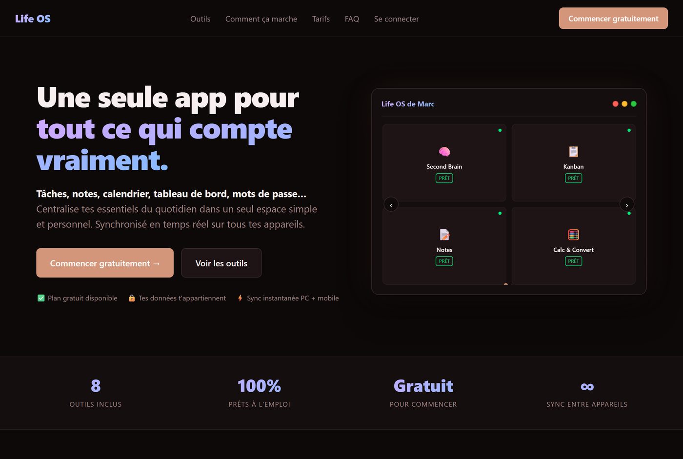Page d'accueil de Life OS