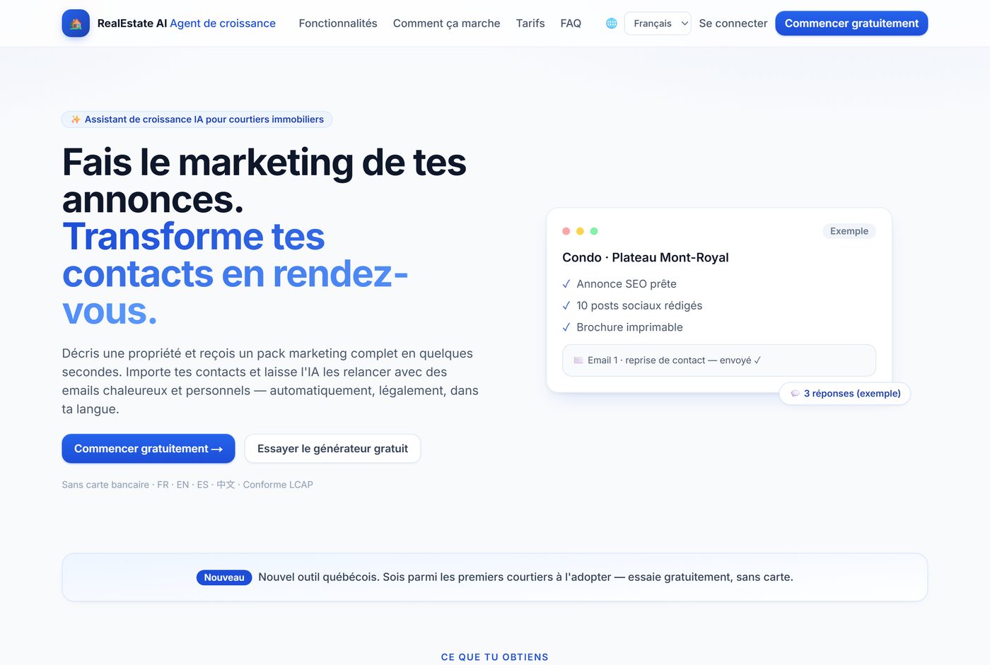 Page d'accueil de RealEstate AI Growth Agent